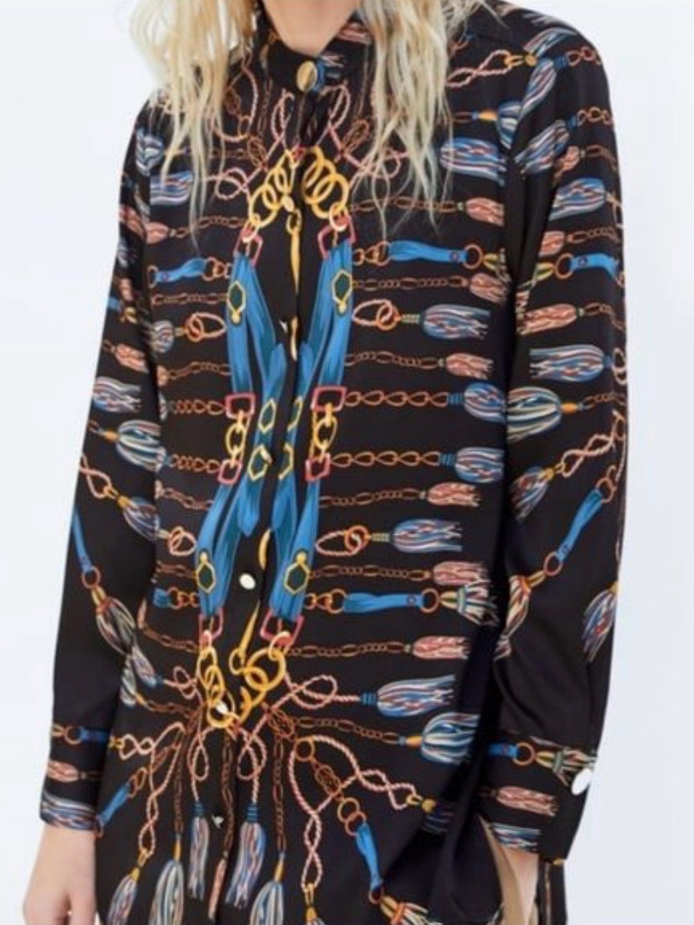 Zara Black Chain Print Shirt Silk-Feel Long Sleeve Button Up Blouse Size Small - Picture 2 of 9